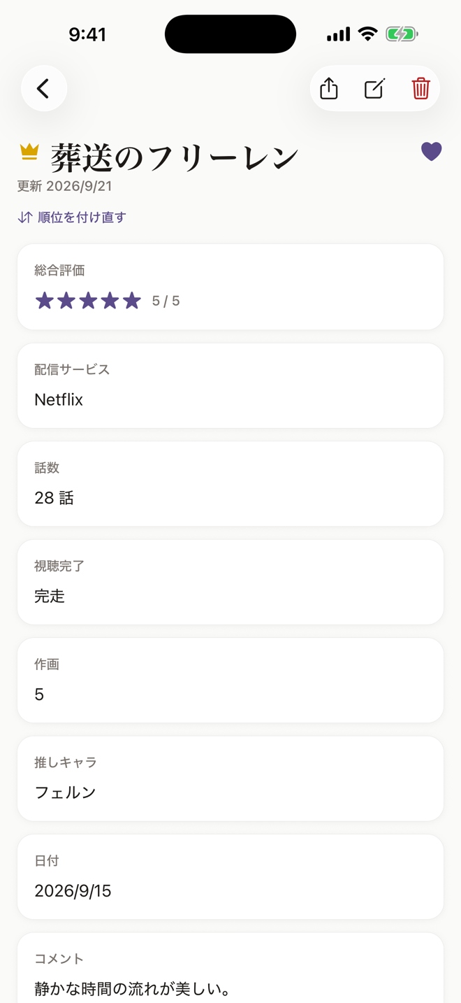 レビューブックの記録画面（アニメ・ドラマの例）