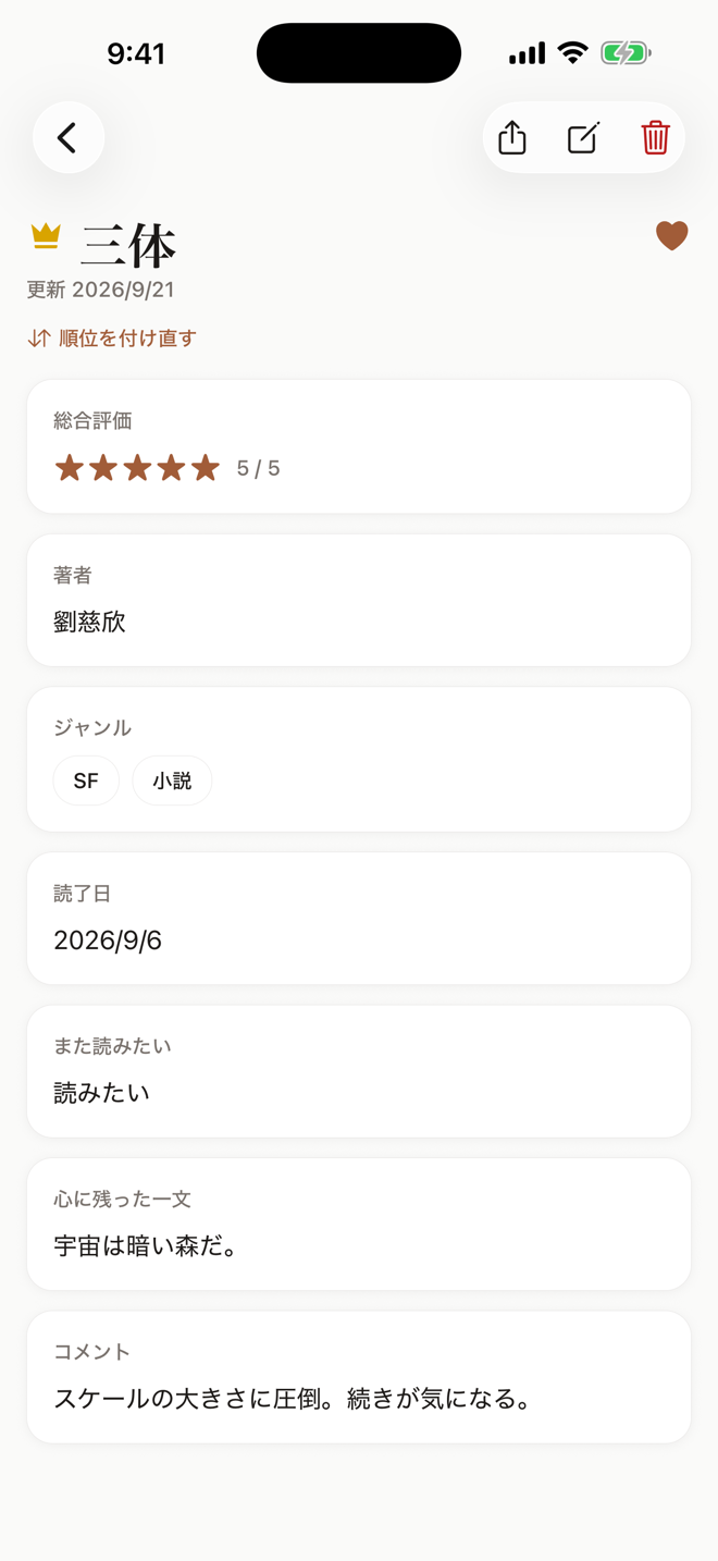 レビューブックの記録画面（本・読書の例）
