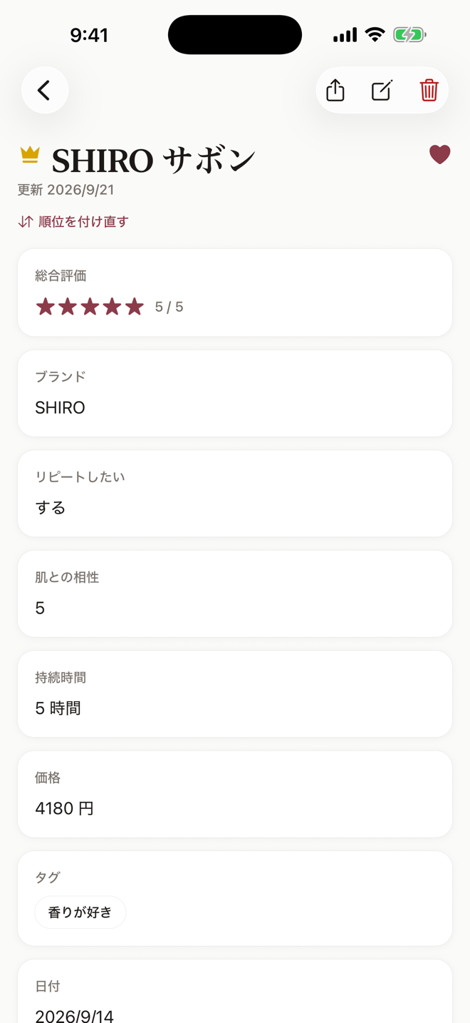 レビューブックの記録画面（コスメ・香水の例）