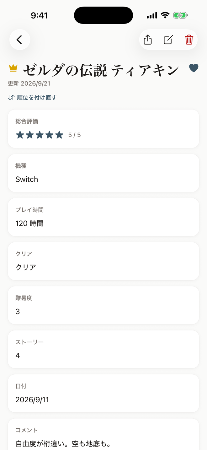 レビューブックの記録画面（ゲームの例）